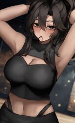  armpits arms_behind_head arms_up black_eyes black_hair black_panties black_shirt blurry blurry_background blush breasts cleavage cleavage_cutout clothing_cutout commentary crop_top cropped_shirt curtained_hair english_commentary eyelashes female genderswap_(mtf) hair_between_eyes hair_tie_in_mouth highres large_breasts long_bangs long_hair looking_at_viewer mole mole_on_cheek mouth_hold mrpokke narunin navel panties panty_straps real_life rule_63 shirt sleeveless sleeveless_shirt solo tying_hair underwear 