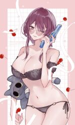  bebe bikini black_bikini breasts cleavage closed_mouth collarbone cowboy_shot female hair_between_eyes highres holding holding_water_gun honkai:_star_rail honkai_(series) kafka_(honkai:_star_rail) large_breasts looking_at_viewer navel one_eye_closed purple_eyes purple_hair sidelocks smile solo sunglasses swimsuit water_gun 