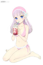  abe_ayumi absurdres bare_arms bare_legs barefoot bikini blue_eyes blunt_bangs blush breasts cleavage collarbone drinking_straw female frilled_bikini frills full_body grey_hair groin halterneck hat highres holding katsute_mahou_shoujo_to_aku_wa_tekitai_shiteita long_hair looking_at_viewer medium_breasts megami_magazine mimori_byakuya pink_bikini pink_hat pink_ribbon ribbon side-tie_bikini_bottom simple_background solo swimsuit white_background 