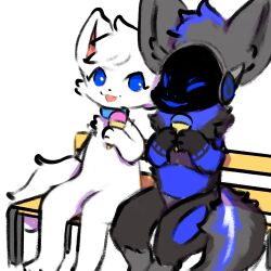  ambiguous_gender anthro arctic_fox blue_body blue_eyes blue_fur blue_sclera canid canine collar dessert duo fluffy fluffy_tail food fox fur fur_markings ice_cream machine mammal markings nude protogen simple_background smile snoii_(snoiifoxxo) snoiifoxxo tail true_fox tuft white_background white_body white_fur 