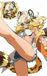  ahoge animal_ear_fluff animal_ears artist_name blonde_hair blue_shorts breasts commentary_request cowboy_shot crop_top cutoffs dark-skinned_female dark_skin denim denim_shorts eyelashes female floating_hair genshin_impact genshin_impact_sticker_redraw_(meme) gradient_hair green_eyes hair_between_eyes hair_ornament highres jaguar_ears jaguar_girl jaguar_tail jewelry kicking leg_up long_hair looking_at_viewer medium_breasts meme multicolored_hair necklace official_art_inset ojo_aa parted_bangs parted_lips reference_inset shirt short_shorts shorts simple_background sleeveless sleeveless_shirt solo tail twitter_username v-shaped_eyebrows vision_(genshin_impact) watermark white_background white_shirt xilonen_(genshin_impact) 