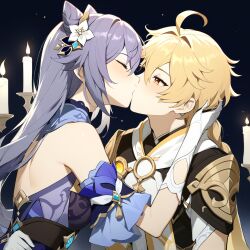  1boy 1girls aether_(genshin_impact) ai_generated holding horny_female imminent_sex keqing_(genshin_impact) kissing long_hair mihoyo straight 