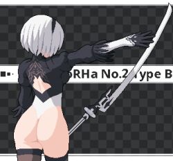  2b_(nier:automata) ass backless_outfit black_feathers black_headband facing_away feathers from_behind gloves headband highres juliet_sleeves long_sleeves nier:automata nier_(series) pixel_art puffy_sleeves seiko093 short_hair sword thighhighs weapon white_hair 