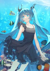  animal_ears bare_arms bare_shoulders black_dress black_ribbon blue_eyes blue_hair breasts cleavage collarbone commentary cowboy_shot dress english_commentary female fish floating_hair hair_ribbon hatsune_miku highres light_rays long_hair looking_to_the_side parted_lips rep120105 ribbon shinkai_shoujo_(vocaloid) sleeveless sleeveless_dress small_breasts solo turning_head very_long_hair vocaloid water 