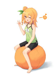  bare_shoulders bike_shorts black_shorts blonde_hair blush breasts female hair_bun hair_ribbon highres hinatsuki_mikan kuramoto_takato looking_at_viewer machikado_mazoku one_eye_closed open_mouth orange_eyes ribbon shorts simple_background sitting small_breasts smile solo white_background 