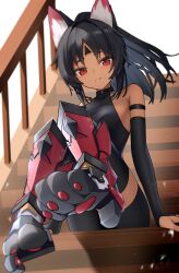  absurdres animal_ears black_hair cat_ears cat_girl dark-skinned_female dark_skin facial_mark female forehead_mark full_body highres long_hair looking_at_viewer nekomiya_mana parted_bangs parted_lips ponytail red_eyes shadow sitting sitting_on_stairs smile solo stairs thomas_8000 variant_set zenless_zone_zero 