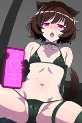  absurdres akiyama_yukari animal_ears artist_name batta_16-sei bikini black_bikini black_choker black_gloves black_thighhighs blush breasts brown_hair cameltoe cellphone character_name choker commentary covered_nipples dog_ears dog_tail empty_eyes female girls_und_panzer gloves half-closed_eyes halterneck highres holding holding_phone leaning_back looking_at_viewer messy_hair navel open_mouth phone pink_eyes pov short_hair signature sitting small_breasts smartphone solo spread_legs string_bikini swimsuit tail textless_version thigh_strap thighhighs 