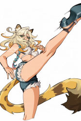  ahoge animal_ear_fluff animal_ears aqua_hair artist_name blonde_hair blue_shorts braid breasts commentary_request covered_mouth crop_top cutoffs dark-skinned_female dark_skin denim denim_shorts eyelashes female fingernails genshin_impact gold_nails gradient_hair green_eyes hair_between_eyes hand_up highres jaguar_ears jaguar_girl jaguar_tail kicking leg_up legs long_hair looking_at_viewer medium_breasts motion_blur multicolored_hair nail_polish ojo_aa parted_bangs pink_hair shirt short_shorts shorts side_braid simple_background single_braid sleeveless sleeveless_shirt solo tail twitter_username v-shaped_eyebrows watermark white_background white_shirt xilonen_(genshin_impact) 