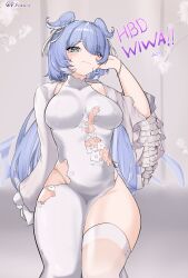  +_+ absurdres blue_eyes blue_hair blue_wings breasts dress elira_pendora female hair_over_one_eye head_wings heterochromia highleg highleg_panties highres large_breasts long_hair looking_at_viewer nijisanji nijisanji_en one_eye_covered p_protocoll panties purple_eyes single_thighhigh thighhighs underwear virtual_youtuber white_dress white_thighhighs wings 