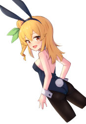  animal_ears ass black_pantyhose blonde_hair blue_leotard blush breasts fake_animal_ears fake_tail female hair_bun hair_ribbon highres hinatsuki_mikan kuramoto_takato leotard long_hair looking_at_viewer looking_back machikado_mazoku open_mouth orange_hair pantyhose playboy_bunny rabbit_ears rabbit_tail ribbon simple_background small_breasts smile solo tail white_background wrist_cuffs 