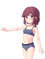  blush breasts brown_hair collarbone female grey_panties grey_sports_bra highres kuramoto_takato looking_at_viewer machikado_mazoku navel open_mouth panties purple_eyes short_hair simple_background small_breasts solo sports_bra underwear white_background yoshida_ryouko 