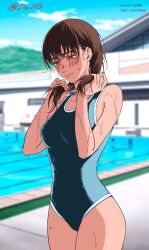  absurdres artist_collaboration black_hair blush breasts chainsaw_man closed_mouth colorized dollllls2 everthine highres long_hair mitaka_asa one-piece_swimsuit swimsuit thick_thighs thighs wet yoru_(chainsaw_man) 