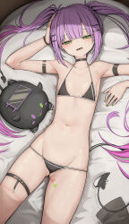  arm_strap bibi_(tokoyami_towa) bikini black_bikini black_choker breasts choker demon_tail female genek green_eyes hand_on_own_head highres hololive long_hair looking_at_viewer lying navel oerba_yun_fang on_back open_mouth piercing pink_hair purple_hair skin_fang small_breasts swimsuit tail tail_ornament tail_piercing thigh_strap tokoyami_towa twintails virtual_youtuber 