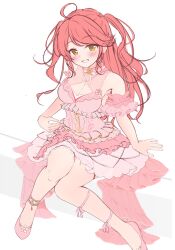  absurdres ahoge anklet armpit_peek blush breasts cleavage cleavage_cutout clothing_cutout detached_sleeves dress frilled_dress frills full_body glass_slipper grin high_heels highres hololive jewelry knees_together_feet_apart long_hair looking_at_viewer medium_breasts messy_hair mikoo_o39 official_alternate_costume pink_dress pink_footwear pink_garter pink_hair sakura_miko sakura_miko_(flower_fantasista!) shoes short_sleeves simple_background sitting sketch_background smile solo thigh_strap virtual_youtuber white_background yellow_eyes 