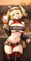  :d absurdres belt black_thighhighs blonde_hair blurry blurry_background breasts burnice_white commentary cup drinking_glass eyewear_on_head female fingernails fire foxyreine highres holding holding_cup large_breasts looking_at_viewer nail_polish navel open_mouth red_belt red_eyes red_nails short_hair smile solo standing stomach sunglasses teeth thighhighs thighs twintails zenless_zone_zero 