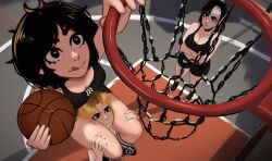  3girls absurdres adidas bare_shoulders basketball black_eyes black_hair blonde_hair freckles highres jessie_(veyonis) lip_piercing long_hair mika_(veyonis) multiple_girls nose_piercing original piercing short_hair smile sports_bra thighs veyonis yuna_(veyonis) 