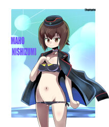  bikini black_bikini black_hat black_jacket blue_sky breasts brown_eyes brown_hair character_name choker closed_mouth cloud cloudy_sky cowboy_shot day dragodragodran female garrison_cap girls_und_panzer groin halterneck hand_on_own_chest hat highres horizon insignia jacket jacket_on_shoulders kuromorimine_military_uniform long_sleeves looking_at_viewer lowleg lowleg_bikini medium_breasts military_hat navel nishizumi_maho ocean outdoors short_hair side-tie_bikini_bottom sky smile solo standing swimsuit twitter_username wind 