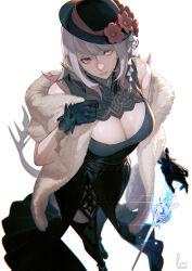  absurdres artist_name au_ra bare_shoulders black_dress black_gloves boots bowler_hat breasts cleavage cleavage_cutout clothing_cutout dated dragon_girl dragon_horns dragon_tail dress female final_fantasy final_fantasy_xiv fur_shawl gloves grey_hair hat heterochromia highres holding holding_weapon horns kyo_(kuroichigo) looking_at_viewer multicolored_hair nier:automata nier_(series) red_eyes red_hair scales shawl signature sleeveless sleeveless_dress solo streaked_hair tail thigh_boots warrior_of_light_(ff14) weapon yellow_eyes 