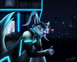  ambiguous_gender anthro arm_support biped canid canine city cityscape clothing cyberpunk eyewear fox futuristic futuristic_city futuristic_clothing futuristic_theme glowing glowing_clothing leaning_on_elbow lloxie_(character) mammal night phasefox science_fiction solo vape visor wolfrayay 