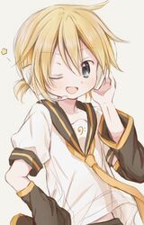  1boy bad_id bad_twitter_id bass_clef black_sailor_collar blonde_hair blue_eyes commentary hand_on_headphones hand_on_own_hip hand_up headphones headset highres hitode kagamine_len light_blush looking_at_viewer male_focus midriff_peek necktie one_eye_closed open_mouth sailor_collar school_uniform shirt short_ponytail short_sleeves sleeves_past_wrists smile star_(symbol) vocaloid white_shirt yellow_necktie 