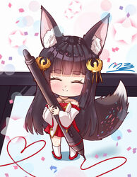  ^_^ animal_ear_fluff animal_ears azur_lane bare_shoulders black_hair blunt_bangs chibi closed_eyes closed_mouth collarbone commentary_request drawing_tablet dress facing_viewer female fox_ears fox_girl fox_tail full_body hair_ornament heart holding holding_stylus kneehighs long_hair long_sleeves m_ko_(maxft2) nagato_(azur_lane) oekaki_musume pleated_dress red_dress red_footwear shoes smile socks solo standing starry_background stylus tail very_long_hair white_background white_socks wide_sleeves 