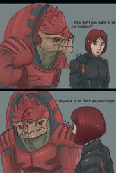  alien armor bioware commander_shepard dialogue duo electronic_arts english_text facial_scar female female_shepard hi_res human jon_zinoyda krogan mammal mass_effect meme multiple_images pupils red_eyes scar slit_pupils text urdnot_wrex 