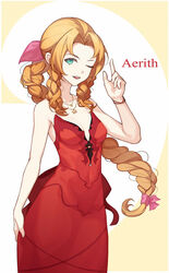  absurdres aerith_gainsborough aerith_gainsborough_(red_dress) alternate_costume bad_id bad_pixiv_id bare_arms bare_shoulders braid breasts brown_hair character_name commentary dress female final_fantasy final_fantasy_vii final_fantasy_vii_remake green_eyes highres jewelry lis_zhu_long long_braid long_hair looking_at_viewer necklace one_eye_closed open_mouth photoshop_(medium) pink_dress red_dress ribbon solo star_ornament strapless strapless_dress teeth upper_teeth_only 