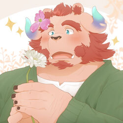  1boy arm_hair awestruck bara blue_eyes blush casual chernobog_(housamo) commentary_request curled_horns demon_horns facial_hair flower flower_request furry furry_male glowing_horns goatee green_sweater hair_flower hair_ornament holding holding_flower horns long_sideburns male_focus orange_hair pink_fur shiro_choko shirt short_hair sideburns snout solo sparkle sweater thick_eyebrows tokyo_afterschool_summoners tusks undershirt upper_body white_shirt 