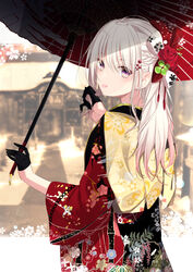  black_gloves black_kimono blurry blurry_background braid closed_mouth commentary_request depth_of_field female floral_print flower gloves hair_between_eyes hair_flower hair_ornament half_gloves highres holding holding_umbrella japanese_clothes kimono long_hair long_sleeves looking_at_viewer looking_to_the_side obi oil-paper_umbrella original print_kimono purple_eyes red_flower red_kimono red_rose rose sasahara_wakaba sash solo tongue tongue_out umbrella white_hair wide_sleeves 