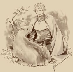  1boy armor black_gloves brown_theme cape commentary_request creature elion_the_king_of_spirits gloves male_focus monochrome outdoors pixiv_fantasia pixiv_fantasia_last_saga pointy_ears reshi3310 short_hair sitting 