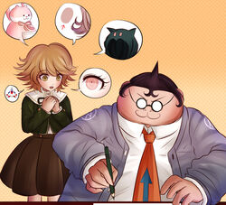  2boys animal_hood bangs brown_eyes brown_hair brown_skirt cat_bag cat_hood collared_shirt commentary danganronpa:_trigger_happy_havoc danganronpa_(series) drawing fat fat_man flipped_hair fujisaki_chihiro glasses green_shirt grey_jacket hair_ornament hairclip holding holding_pen hood jacket ktokei_(kurokku-tokei) long_sleeves multiple_boys nanami_chiaki necktie official_style open_mouth orange_neckwear own_hands_together pen pink_eyes round_eyewear school_uniform shirt short_hair skirt smile speech_bubble spiked_hair spoilers upper_teeth very_short_hair white_shirt yamada_hifumi 