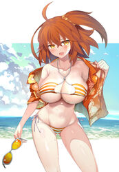  ahoge bikini blush breasts cleavage collarbone commentary_request fate/grand_order fate_(series) female floral_print fujimaru_ritsuka_(female) fujimaru_ritsuka_(female)_(brilliant_summer) fujimaru_ritsuka_(female)_(tropical_summer) groin hawaiian_shirt hibiscus_print huge_breasts koohii_koucha_maru leaf_print medium_hair navel open_clothes open_shirt orange-tinted_eyewear orange_bikini orange_eyes orange_hair outdoors shirt side-tie_bikini_bottom side_ponytail solo striped_bikini striped_clothes sunglasses swimsuit tinted_eyewear unworn_eyewear 