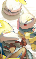  absurdres closed_eyes closed_mouth commentary_request drizzile evolutionary_line furry highres inteleon lying on_side open_mouth pokemon pokemon_(creature) purobe sleeping smile sobble tongue 