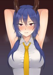  absurdres arknights armpits arms_up bad_id bad_pixiv_id blush canape_(canape0130) ch&#039;en_(arknights) collared_shirt commentary_request dragon_horns female hair_between_eyes highres horns korean_commentary looking_at_viewer low_twintails necktie red_eyes shirt sleeveless sleeveless_shirt solo sweat twintails upper_body wavy_mouth white_shirt yellow_necktie 