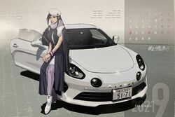  2021 alpine_(carmaker) alpine_a110 beret black_eyes black_hair bracelet calendar_(medium) car copyright_name female hair_behind_ear hat highres jewelry kanojo_no_carrera kanojo_no_carrera_gt3 kikuchi_michitaka light_smile logo long_hair motor_vehicle official_art own_hands_together renault september solo sports_car tomoe_clara vehicle_focus very_long_hair white_hat 