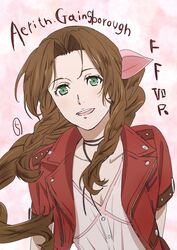  aerith_gainsborough bow brown_hair cropped_jacket dress female final_fantasy final_fantasy_vii green_eyes hair_ribbon highres jacket kobayashi_chizuru long_hair looking_at_viewer open_mouth pink_bow pink_dress ponytail ribbon smile solo 