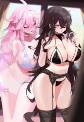  2girls absurdres bare_arms bare_shoulders black_bra black_hair black_panties black_thighhighs bra breasts commentary commission cowboy_shot garter_belt groin hair_between_eyes hair_intakes highres korean_commentary large_breasts long_hair messy_hair multiple_girls navel original panties pink_eyes pink_hair rame_tree_(heuksaek) red_eyes revision rima_(0136) see-through standing stomach thighhighs thighs underwear very_long_hair white_bra 