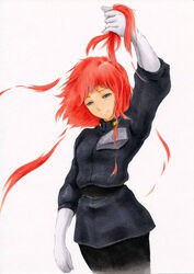  belt black_belt breasts clenched_hand cutting_hair female floating_hair gaw_ha_leecee gloves grey_eyes holding holding_own_hair juusenki_l-gaim looking_down marker_(medium) narakenmin red_hair severed_hair small_breasts smile solo traditional_media uniform white_background white_gloves 