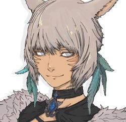  animal_ears bad_id bad_twitter_id blue_eyes bright_pupils brooch cat_ears choker closed_mouth facial_mark feather_hair_ornament feathers female final_fantasy final_fantasy_xiv fur_trim grey_hair hair_ornament jewelry lips looking_at_viewer miqo&#039;te portrait short_hair smile solo tan tumubar117 whisker_markings white_pupils y&#039;shtola_rhul 