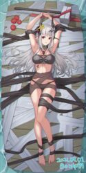  apple arknights armpits arms_up artist_name bare_arms bare_legs barefoot bikini black_bikini black_choker bowlp breasts choker chromatic_aberration cleavage commentary dated feet female flower food fruit full_body grey_hair hair_flower hair_ornament hammer highres horns infection_monitor_(arknights) jewelry large_breasts long_hair looking_at_viewer lying material_growth mudrock_(arknights) mudrock_(silent_night)_(arknights) necklace official_alternate_costume on_back oripathy_lesion_(arknights) parted_lips pointy_ears red_eyes signature solo stomach swimsuit thighs water weapon yellow_flower 