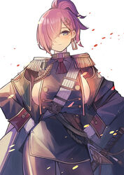  aiguillette azur_lane black_jacket black_skirt breasts closed_mouth earrings epaulettes female gloves green_eyes hair_ornament hair_over_one_eye hairclip hands_on_own_hips jacket jacket_on_shoulders jewelry large_breasts looking_at_viewer medal military military_uniform mole mole_under_eye no_bra one_eye_covered oversized_clothes pantyhose pencil_skirt petals ponytail purple_hair revealing_clothes sea_nami sheath sideboob simple_background skirt solo standing sword trieste_(azur_lane) uniform weapon white_background white_gloves 