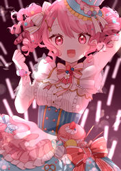  :d absurdres alternate_hairstyle arm_up bad_id bad_pixiv_id bang_dream! blueberry bow bowtie center_frills clenched_hand dress drill_hair earrings female flower food food-themed_clothes frilled_hat frills fruit gloves glowstick hair_ribbon hand_up hat hat_ribbon highres jewelry looking_at_viewer macaron maruyama_aya mochizuki_mochi open_mouth pink_bow pink_bowtie pink_hair ribbon sidelocks smile solo spoon_hair_ornament strawberry striped_bow striped_bowtie striped_clothes striped_ribbon white_flower white_gloves white_ribbon 