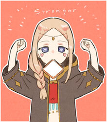  arms_up blonde_hair blue_eyes blush_stickers braid braided_ponytail bread bread_slice eating english_text female food food_in_mouth hair_over_shoulder heart hood hood_down lilim_(megido72) long_hair long_sleeves looking_at_viewer megido72 mouth_hold outline qwertyuiop12314 red_background solo upper_body white_outline 