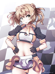  547th_sy bandeau black_gloves breasts checkered_flag clothes_lift cosplay cropped_jacket double_bun female flag gloves hair_bun highres jacket kantai_collection light_brown_hair michishio_(kancolle) multicolored_clothes multicolored_jacket natsugumo_(kancolle) natsugumo_(kancolle)_(cosplay) natsugumo_(race_queen_mode)_(kancolle) orange_bandeau orange_gloves orange_skirt race_queen short_twintails skirt skirt_lift small_breasts solo twintails two-tone_bandeau two-tone_skirt white_bandeau wind wind_lift yellow_eyes 