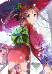  ass bad_id bad_pixiv_id bare_tree blue_eyes blurry blurry_background brown_hair depth_of_field female floral_print flower from_behind hair_flower hair_ornament highres japanese_clothes kimono long_hair long_sleeves looking_at_viewer looking_back obi oil-paper_umbrella original outdoors parted_lips ponytail print_kimono red_flower red_kimono sash sidelocks snow snowing solo torii tree umbrella very_long_hair wide_sleeves yan_(nicknikg) 