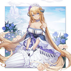  absurdres arknights bare_shoulders blonde_hair blue_eyes blue_flower blue_rose blue_sky breasts building cleavage closed_umbrella cloud commentary day dress eminya_27 female flower gloves hair_spread_out head_tilt head_wreath highres holding holding_umbrella horns large_breasts long_hair looking_at_viewer off-shoulder_dress off_shoulder outdoors pointy_ears purple_flower purple_rose rose saileach_(appreciate_fragrance)_(arknights) saileach_(arknights) short_sleeves sky smile solo umbrella very_long_hair white_dress white_flower white_gloves white_rose white_umbrella yellow_flower yellow_rose 