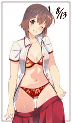  bikini black_ribbon breasts brown_eyes brown_hair cleavage collared_shirt cowboy_shot dress_shirt etou_kanami female floral_print grin hair_ribbon happy_birthday highres medium_breasts minoseki_gakuin_uniform motsutoko navel one_eye_closed one_side_up open_clothes red_bikini red_skirt ribbon shirt short_hair skirt smile solo swimsuit toji_no_miko undressing white_shirt 