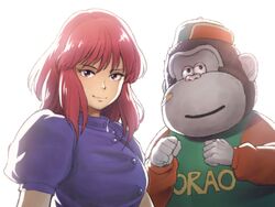  1boy aoi_sorao black_eyes breasts chiaki_rakutarou clenched_hands crossover do-re-mi-fa_donuts! female gaw_ha_leecee gorilla green_headwear juliet_sleeves juusenki_l-gaim long_sleeves looking_at_viewer looking_up medium_breasts medium_hair puffy_sleeves purple_eyes red_hair smile white_background 