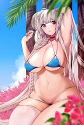  absurdly_long_hair arm_behind_head azur_lane bikini blue_bikini blue_sky braid braided_bun breasts choker criss-cross_halter day double_bun feather_boa female formidable_(azur_lane) formidable_(the_lady_of_the_beach)_(azur_lane) hachimitsu_hinako hair_bun halterneck highres huge_breasts long_hair looking_at_viewer multi-strapped_bikini_bottom multi-strapped_bikini_top official_alternate_costume outdoors palm_leaf pink_choker platinum_blonde_hair purple_choker purple_eyes single_thighhigh skindentation sky solo swimsuit thighhighs twin_braids very_long_hair white_thighhighs 