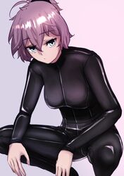  absurdres aoba_(kancolle) black_bodysuit black_wetsuit bodysuit breasts commentary_request diving_suit feet_out_of_frame female gradient_background green_eyes grey_background highres ikadamo kantai_collection medium_breasts messy_hair ponytail purple_hair short_hair solo squatting wetsuit 